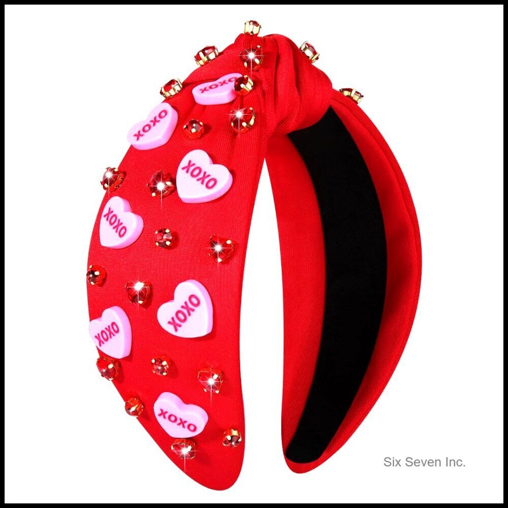 Valentine's Day Heart Headband Jeweled Beaded Rhinestone Wide Top Knot Hair